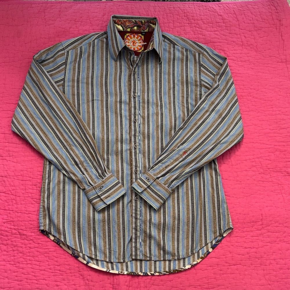 Robert Graham Blue, Brown & Tan Striped Casual Button-Down Shirt, M